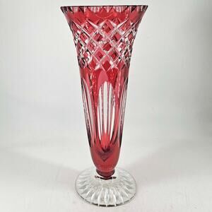 Vintage Nachtmann cut to clear crytal pink cranberry footed tall vase 12"